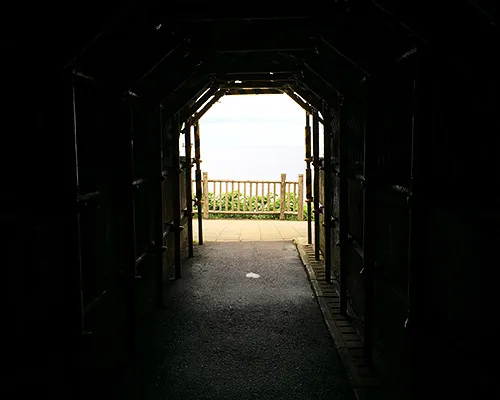 トンネルの中。徐々に出口の先へ広がる景色が見えてきます