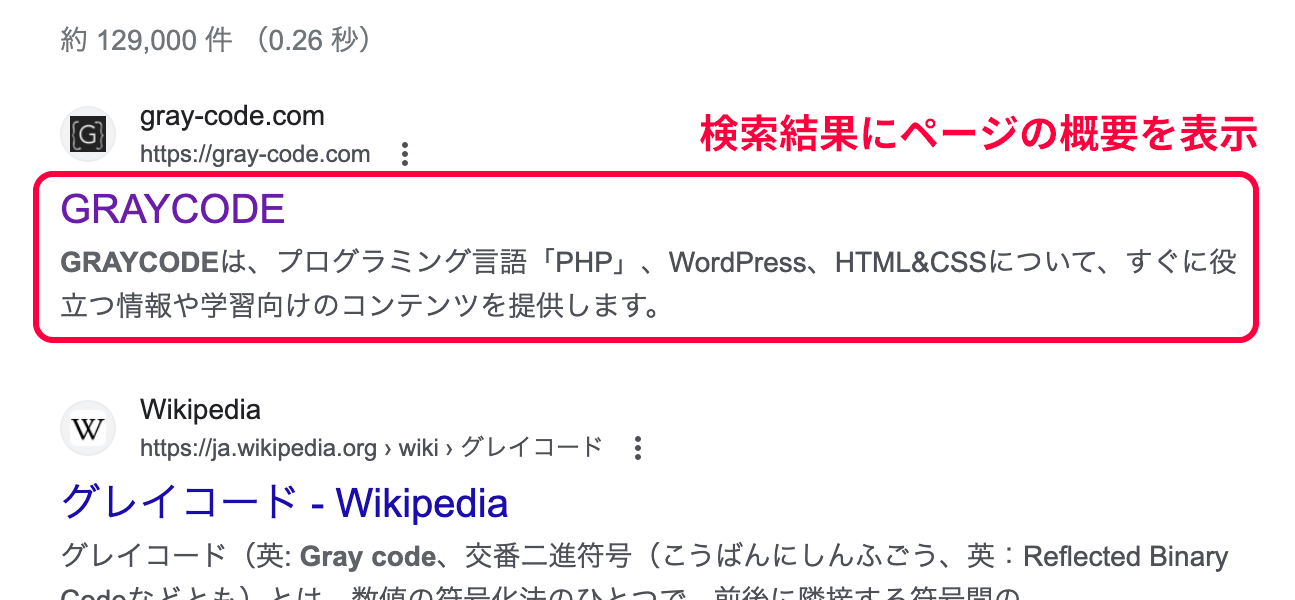 設定したテキストが検索結果に表示される