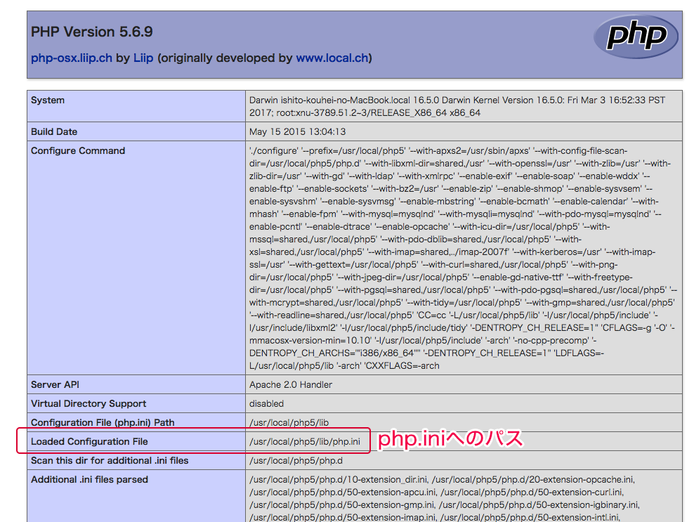 phpinfo関数の実行結果