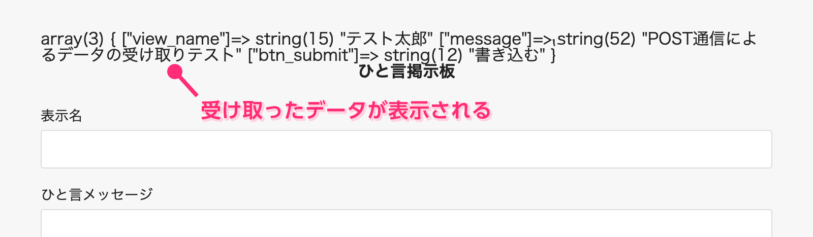 受け取ったデータが表示される