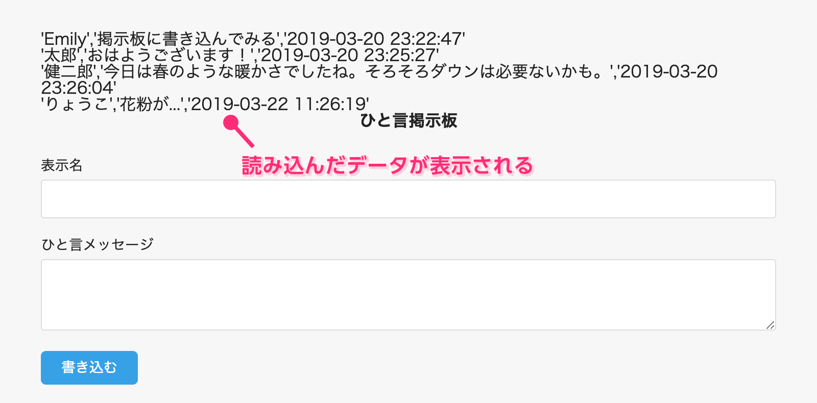 読み込んだデータが表示される例