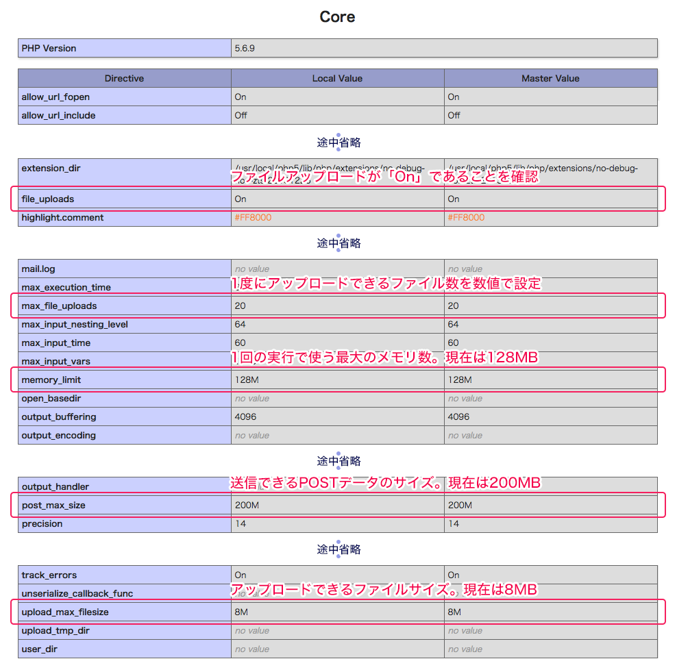 phpinfo関数を実行した出力例