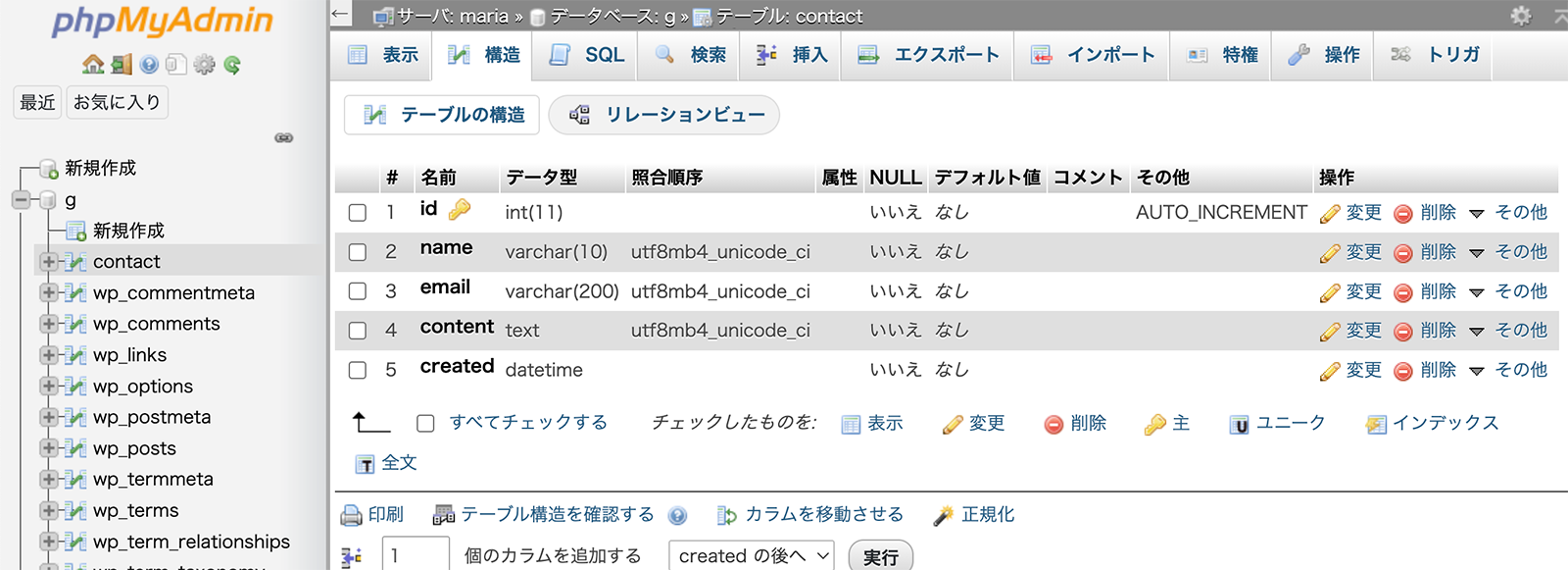 作成したcontactテーブル